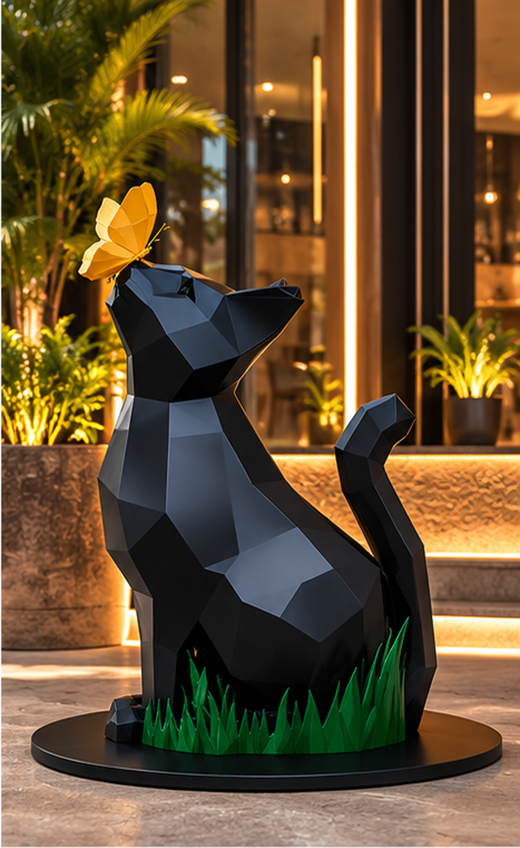Poligonal Kedi Heykeli ve Kelebek Figürü | Low Poly Dekoratif Kedi