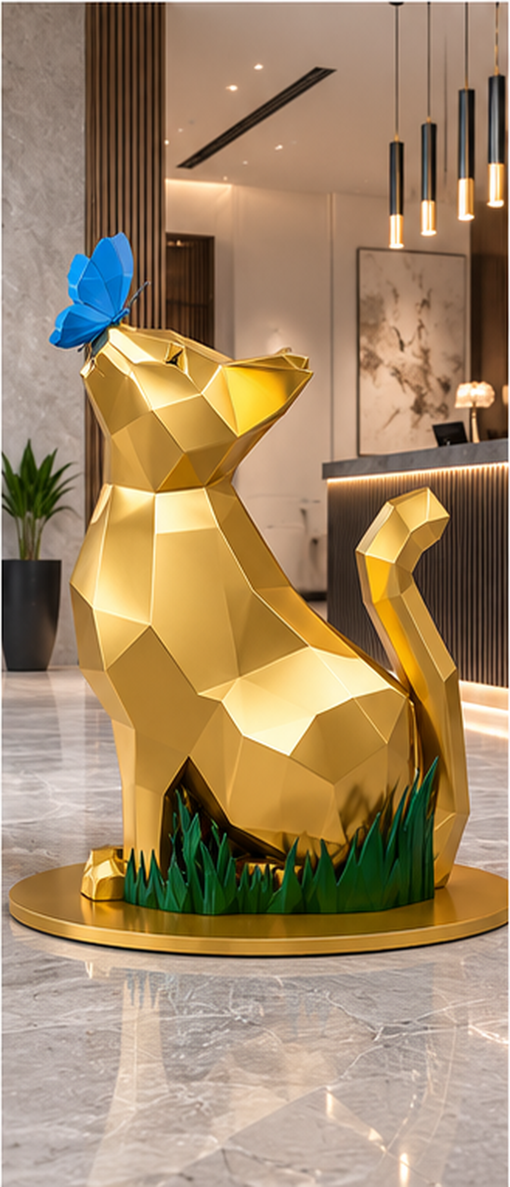 Poligonal Kedi Heykeli ve Kelebek Figürü | Low Poly Dekoratif Kedi