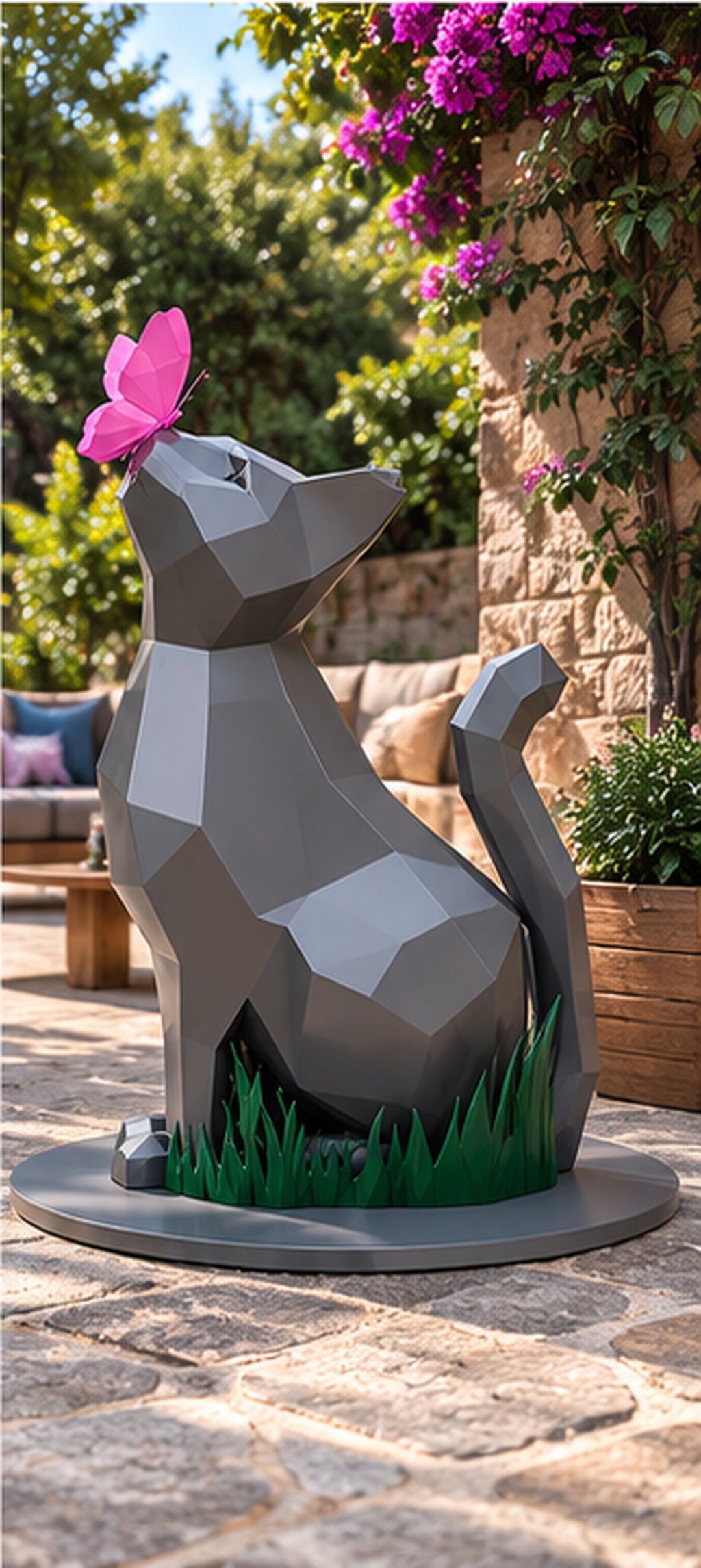 Poligonal Kedi Heykeli ve Kelebek Figürü | Low Poly Dekoratif Kedi