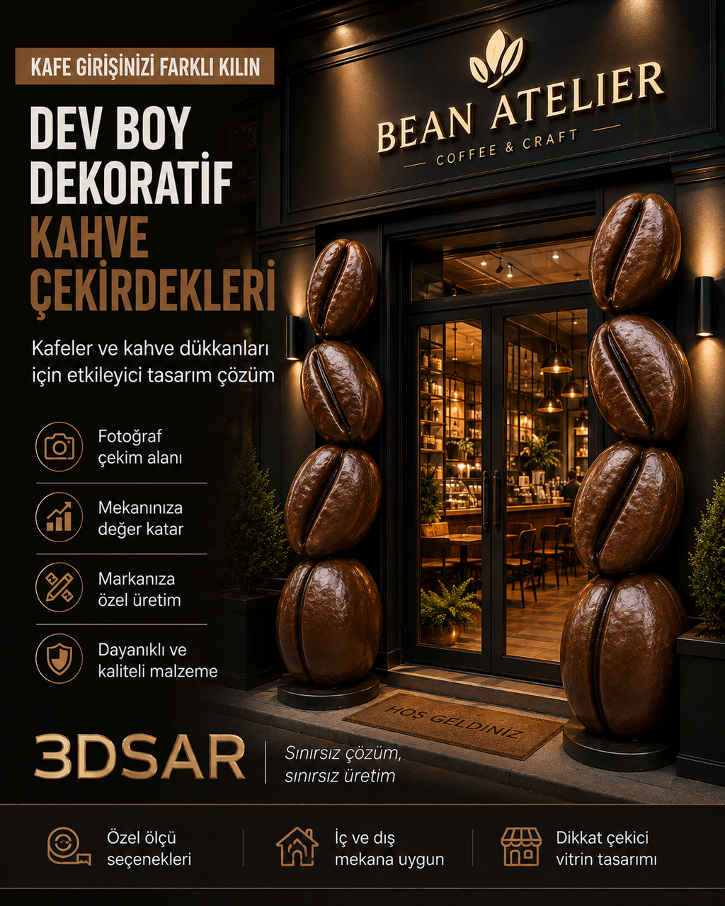 Dev Kahve Çekirdeği Dekoru | Kafe İçin Özel Ölçü 3D Üretim - dev kahve çekirdeği görseli 2