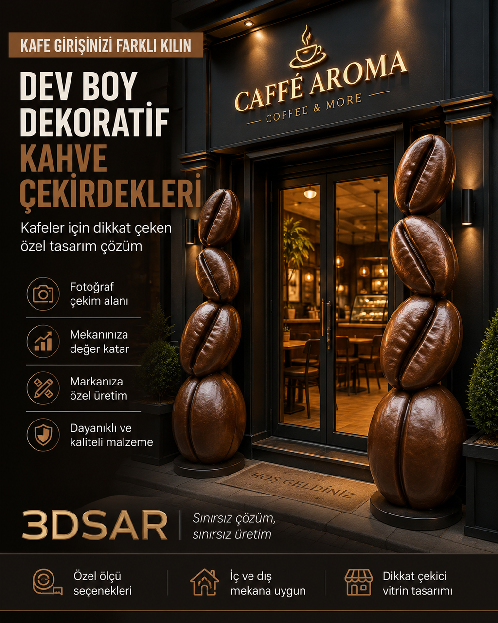 Dev Kahve Çekirdeği Dekoru | Kafe İçin Özel Ölçü 3D Üretim - dev kahve çekirdeği görseli 1