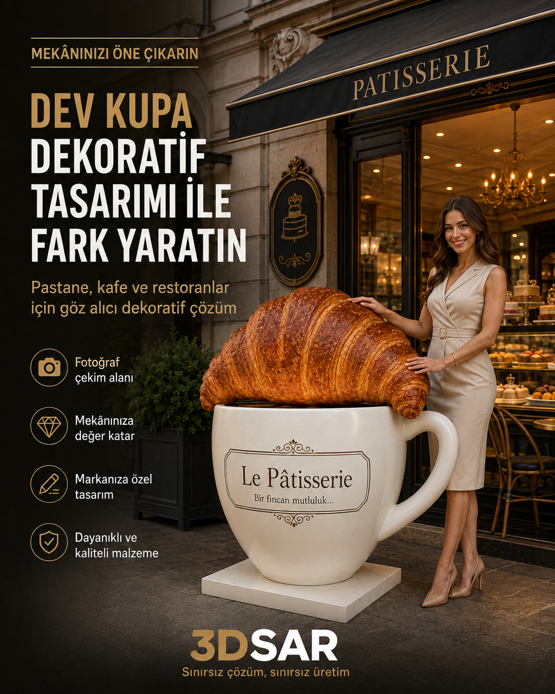 Dev Kruvasan Dekoru | Pastane ve Kafe İçin Özel 3D Üretim - dev kruvasan görseli 2